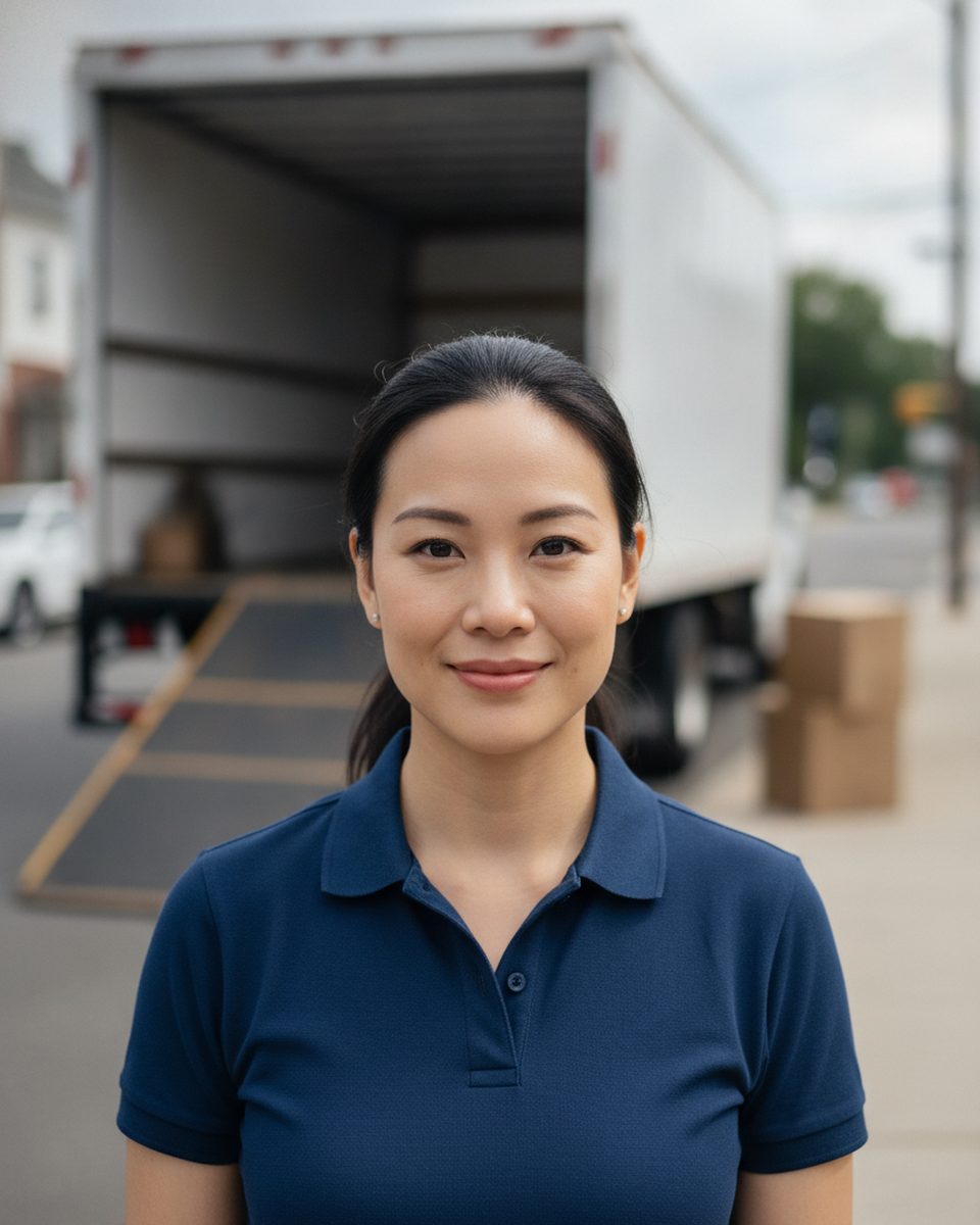Sofia, the Copperbank move coordinator, standing beside a Copperbank truck